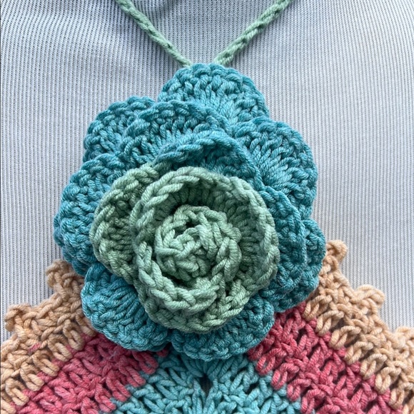 Crochet Halter Top with Floral Accent Handmade - Picture 3 of 6